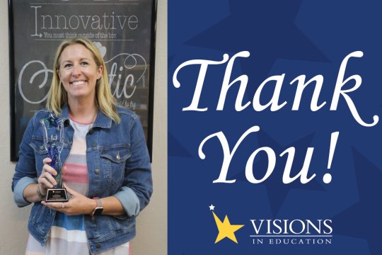 Female board member poses with award, graphic includes "thank you" message and Visions star logo