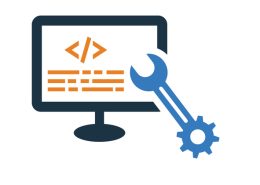 Vector icon of a computer screen with orange html code and a blue wrench indicating system maintenance