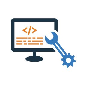 Vector icon of a computer screen with orange html code and a blue wrench indicating system maintenance