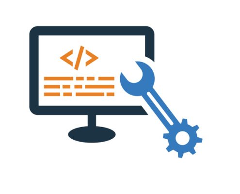 Vector icon of a computer screen with orange html code and a blue wrench indicating system maintenance