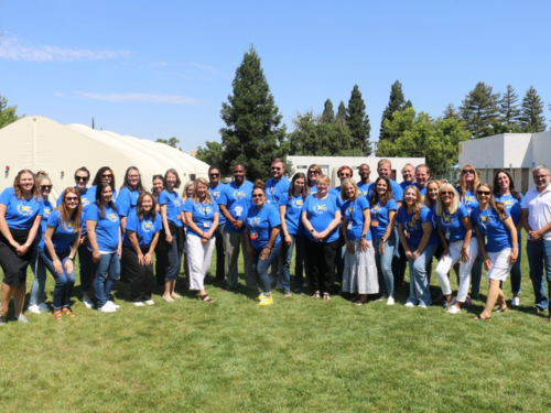 Large group of Visions staff in matching light blue t-shirts stand together on a lawn and smile for a photo.