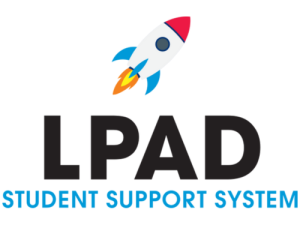 LPAD logo web Rocket logo with LPAD underneath in black letters then Student Support System underneath that in blue letters