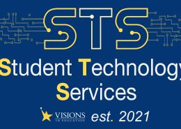 Blue banner with yellow and white outlined letters STS at the top and yellow and white words Student Technology Services established 2021 on a tech background.