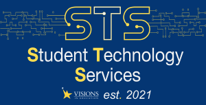 Blue banner with yellow and white outlined letters STS at the top and yellow and white words Student Technology Services established 2021 on a tech background.