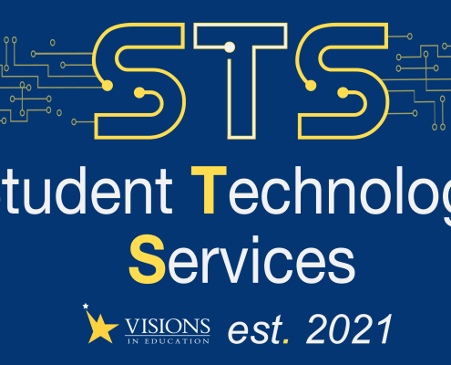 Blue banner with yellow and white outlined letters STS at the top and yellow and white words Student Technology Services established 2021 on a tech background.