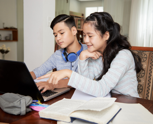 Teenage siblings studying at home due, they are watching online lecture together