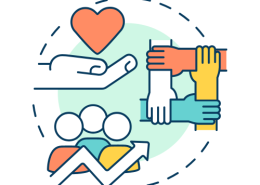 Cartoon graphic of hand holding a heart, multiple hands gripping wrists and group of people with upward arrow indicating community and partnership