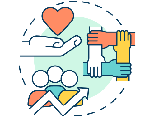 Cartoon graphic of hand holding a heart, multiple hands gripping wrists and group of people with upward arrow indicating community and partnership