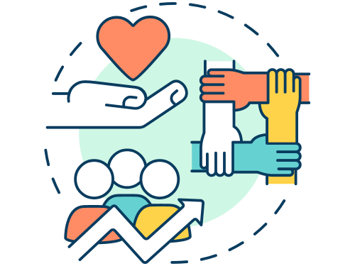 Cartoon graphic of hand holding a heart, multiple hands gripping wrists and group of people with upward arrow indicating community and partnership