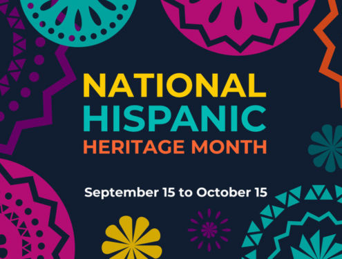 Colorful graphic with geometric floral designs depicting National Hispanic Heritage Month September 15 to October 15