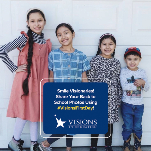 Family of four children pose and smile in front of their home with a description of the #VisionsFirstDay photo celebration in a blue box superimposed in front of them.