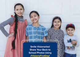 Family of four children pose and smile in front of their home with a description of the #VisionsFirstDay photo celebration in a blue box superimposed in front of them.