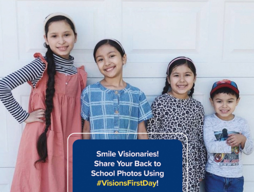 Family of four children pose and smile in front of their home with a description of the #VisionsFirstDay photo celebration in a blue box superimposed in front of them.