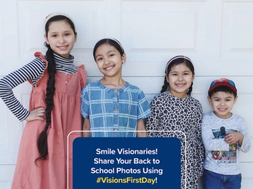 Family of four children pose and smile in front of their home with a description of the #VisionsFirstDay photo celebration in a blue box superimposed in front of them.