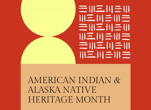 Bright red graphic with yellow sun shape, white cross stitch pattern and text that reads "American Indian & Alaska Native Heritage Month"