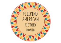 Yellow circle with blue, yellow and red triangle design on the border with the words "Filipino American History Month" in the center.