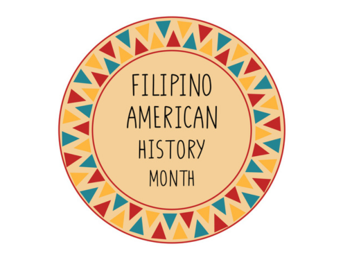 Yellow circle with blue, yellow and red triangle design on the border with the words "Filipino American History Month" in the center.