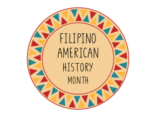 Yellow circle with blue, yellow and red triangle design on the border with the words "Filipino American History Month" in the center.