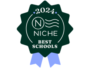 Dark green and light blue ribbon with text saying "2024 Niche Best Schools"