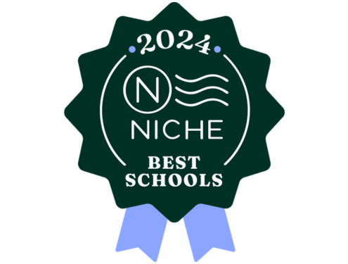 Dark green and light blue ribbon with text saying "2024 Niche Best Schools"