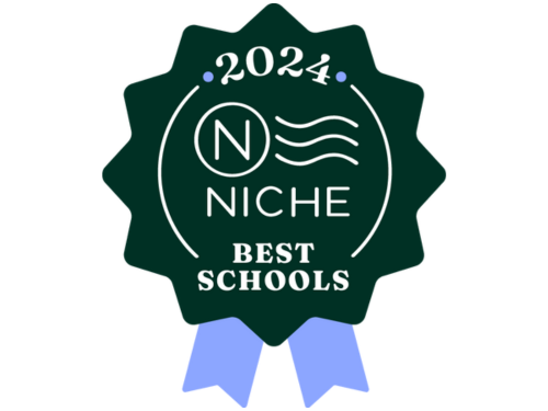 Dark green and light blue ribbon with text saying "2024 Niche Best Schools"