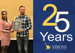 Two Visions staff members hold the APLUS+ award with "25 years" and the Visions logo in text next to their photo