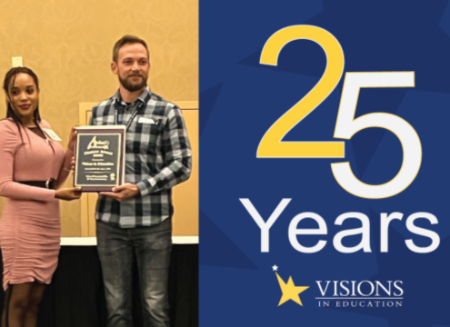 Two Visions staff members hold the APLUS+ award with "25 years" and the Visions logo in text next to their photo