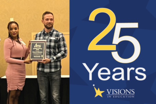 Two Visions staff members hold the APLUS+ award with "25 years" and the Visions logo in text next to their photo