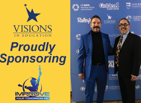 Visions logo and Improve Your Tomorrow's logo on a yellow background with "Proudly Sponsoring" in blue text next to a photo of two Visions staff members