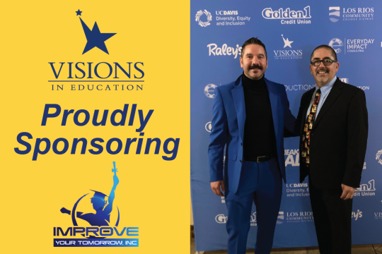 Visions logo and Improve Your Tomorrow's logo on a yellow background with "Proudly Sponsoring" in blue text next to a photo of two Visions staff members