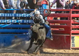 Teenage boy in a white helmet rides a black bull in a rodeo stadium.