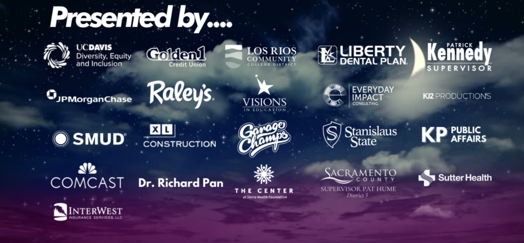 A graphic of a collection of sponsor logos superimposed on a black and purple starry night background.