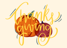 Painted orange and red pumpkin behind yellow script that reads "Thanksgiving"