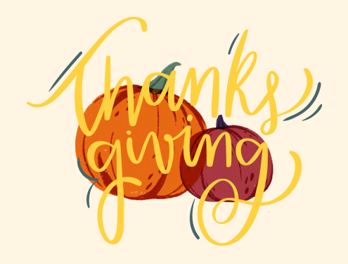 Painted orange and red pumpkin behind yellow script that reads "Thanksgiving"
