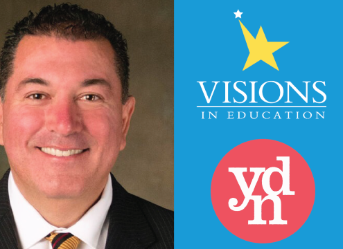 Superintendent Olmos on the left side of the screen with a teal background on the right that includes the Visions In Education logo and the Youth Development Network logo