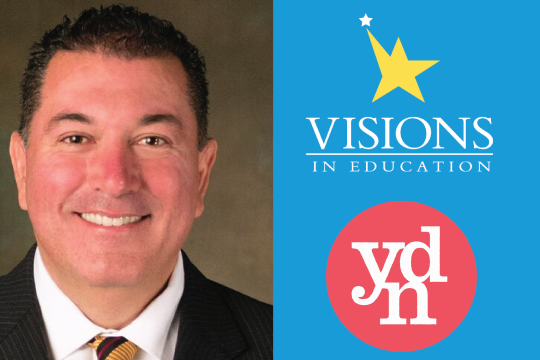 Superintendent Olmos on the left side of the screen with a teal background on the right that includes the Visions In Education logo and the Youth Development Network logo