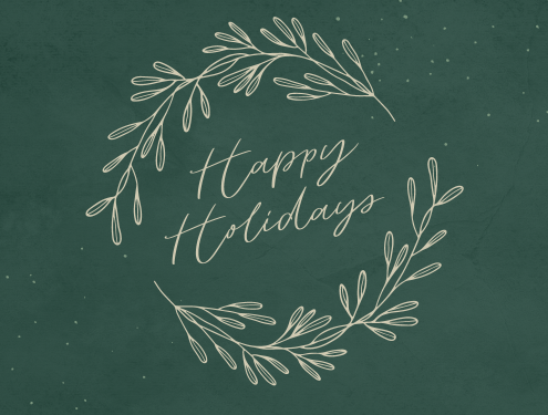 Green and cream graphic with the words "Happy Holidays" framed by branches.
