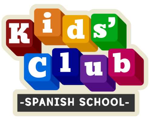 The Kids' Club Spanish logo with the text "Kids' Club Spanish School" depicted through different colored building blocks.