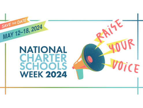 Graphic with the words "Save the Date May 12-18, 2024: National Charter Schools Week 2024" and a megaphone icon with the words "Raise Your Voice" with lightning bolts coming out of it.