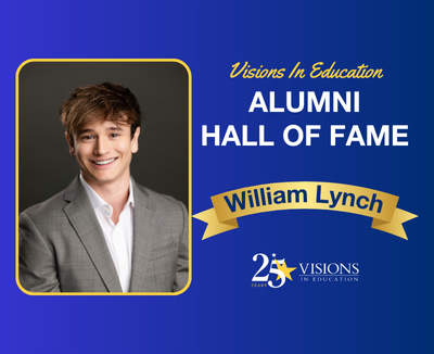 Photo of Visions In Education Alumni Hall of Fame Inductee William Lynch next to text reading "Visions In Education Alumni Hall of Fame", William Lynch in a gold banner, and Visions In Education's logo on a blue background.