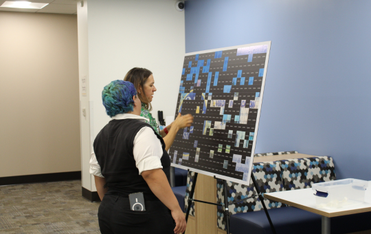 Visions staff adding their photos to a photo mural.