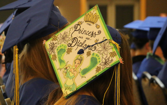 Visions graduate's decorated cap that says "The Princess and her Diploma"