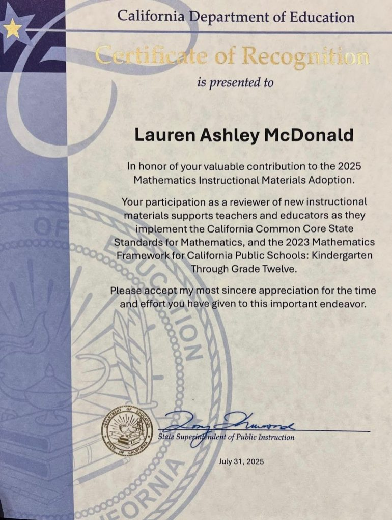 Certificate presented to Ashley McDonald by California Department of Education