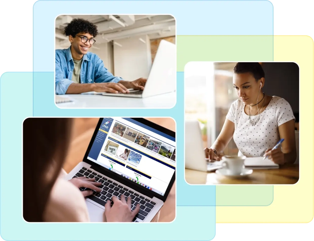 Collage of students working on laptops