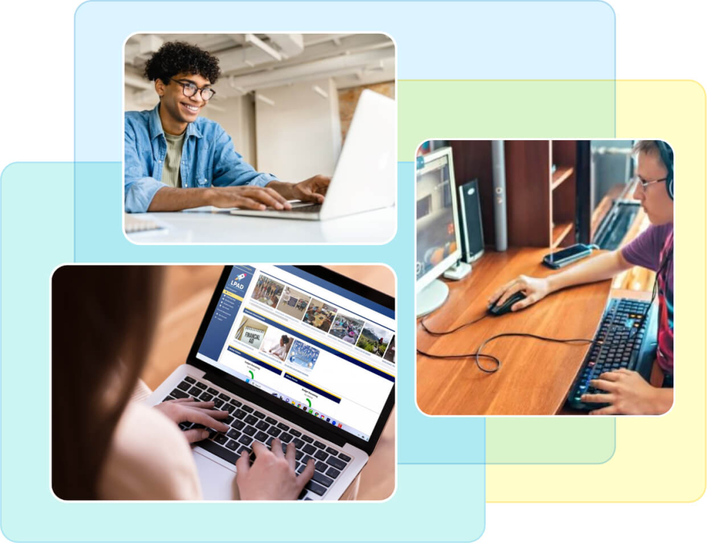 Collage of students working on laptops