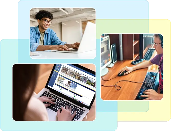 Collage of students working on laptops