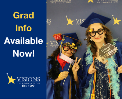 White and yellow text that says "Grad Info Available Now!" with the Visions logo underneath, next to a photo of two smiling graduations in front of a Visions backdrop holding graduation props.