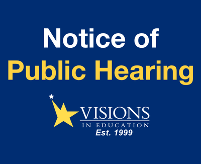 White and yellow text reading "Notice of Public Hearing" with the Visions logo.