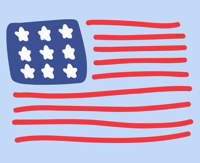 An American flag graphic on a light blue background.