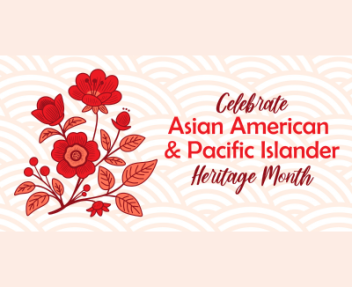 Red and pink florals with the text "Celebrate Asian American & Pacific Islander Heritage Month" on a light pink swirled background.